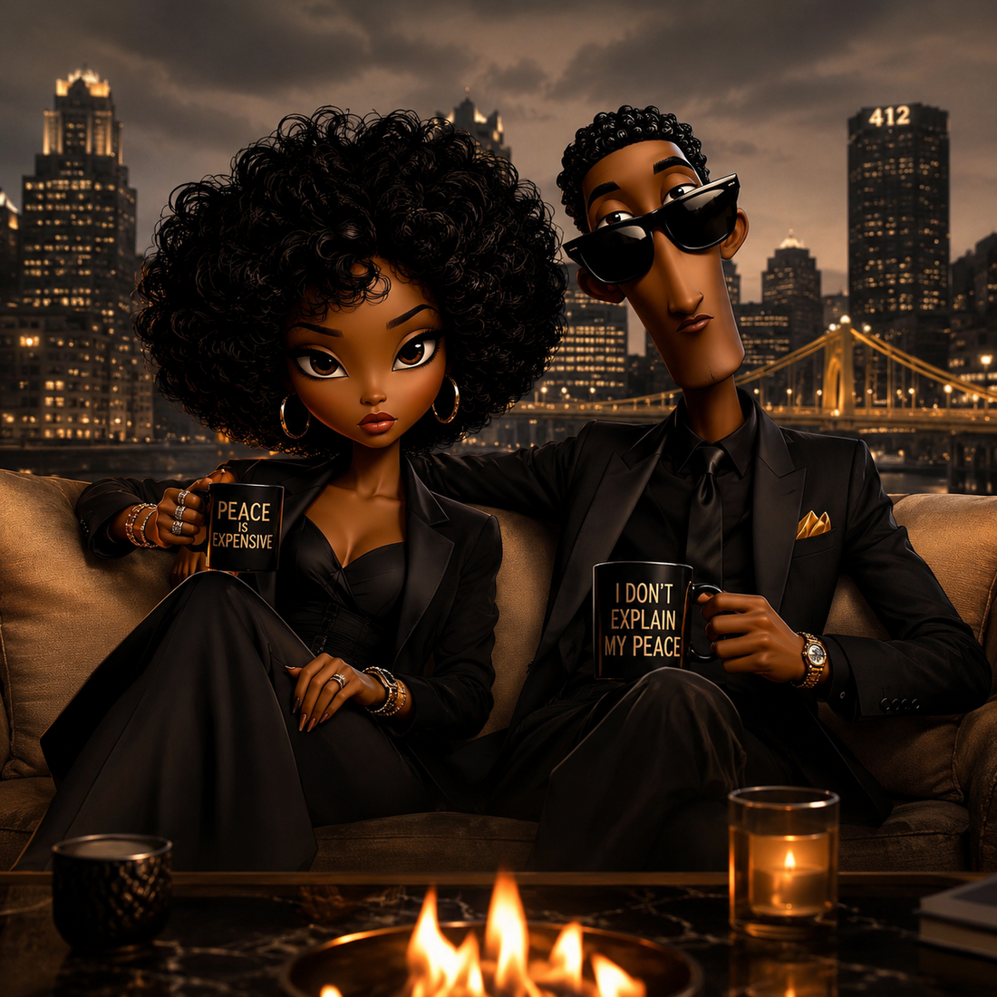 Elegant illustrated couple on a luxury rooftop at night, holding mugs that celebrate protecting their peace and setting boundaries.