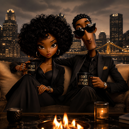 Elegant illustrated couple on a luxury rooftop at night, holding mugs that celebrate protecting their peace and setting boundaries.