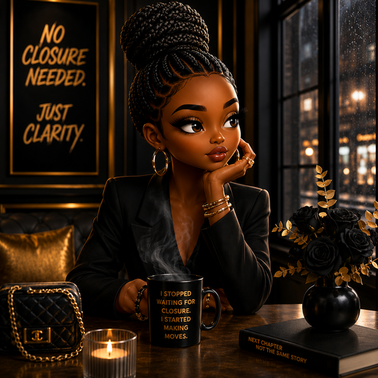 Stylish illustrated woman in a luxury café, reflecting by a rainy window with coffee, black-and-gold décor, and a calm, contemplative atmosphere.