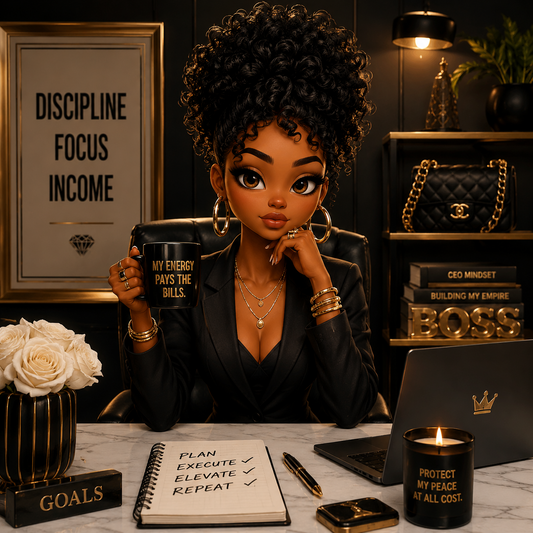 **Alt Text:**  Confident illustrated entrepreneur in a luxury office, holding a coffee mug at her desk surrounded by elegant black-and-gold décor, symbolizing focus, discipline, and protecting her energy.