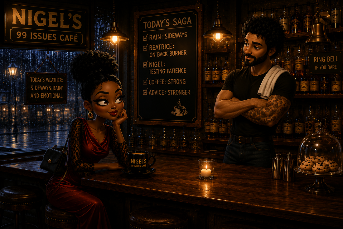 Illustrated woman in a red dress sitting at Nigel’s 99 Issues Café bar, talking with a bearded bartender under warm lights on a rainy night, with a chalkboard reading “Advice: Stronger” behind them.