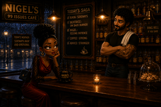 Illustrated woman in a red dress sitting at Nigel’s 99 Issues Café bar, talking with a bearded bartender under warm lights on a rainy night, with a chalkboard reading “Advice: Stronger” behind them.