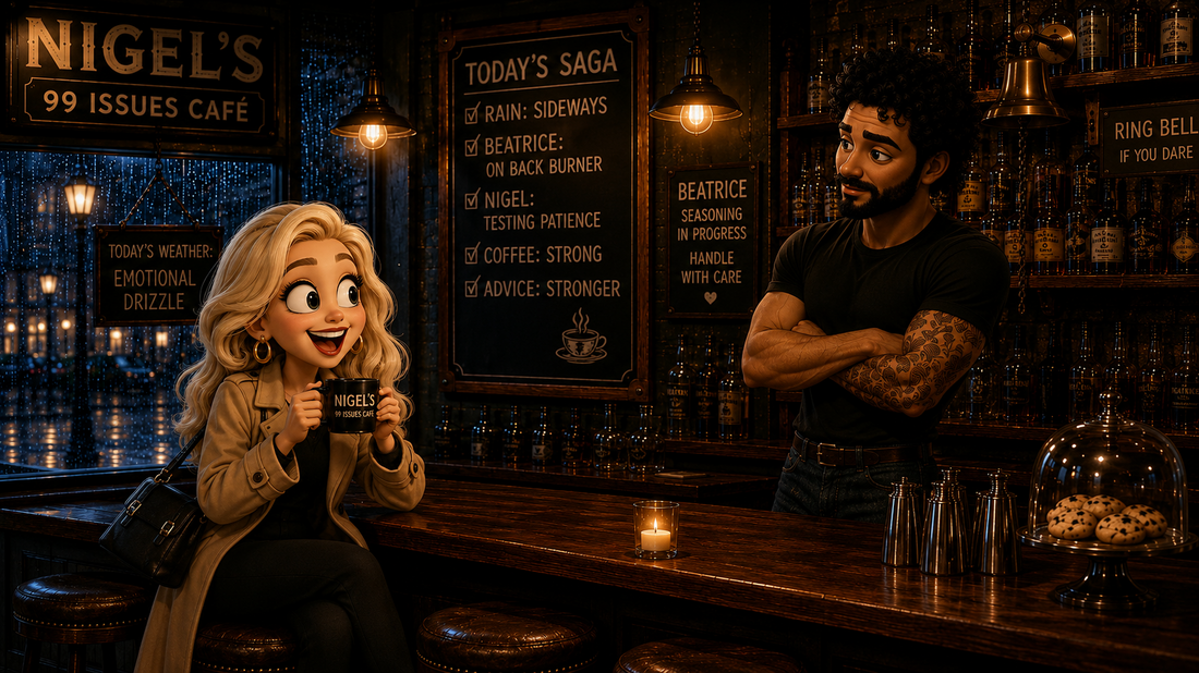 A cheerful blonde CHIBI woman holds a coffee at Nigel’s 99 Issues Café while the stoic bartender watches from behind the bar.