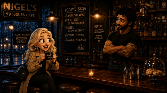 A cheerful blonde CHIBI woman holds a coffee at Nigel’s 99 Issues Café while the stoic bartender watches from behind the bar.