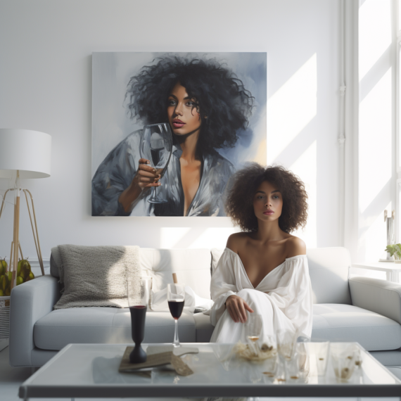 A modern, bright living room with a large painting of a woman with striking curly hair holding a wine glass. Below it, a woman wearing a white off-the-shoulder dress sits elegantly on a light grey sofa, her poise mirroring the painting. The room is bathed in natural light, highlighting the glass coffee table with two glasses of red wine and an array of scattered empty glasses, suggesting a relaxed, luxurious atmosphere.