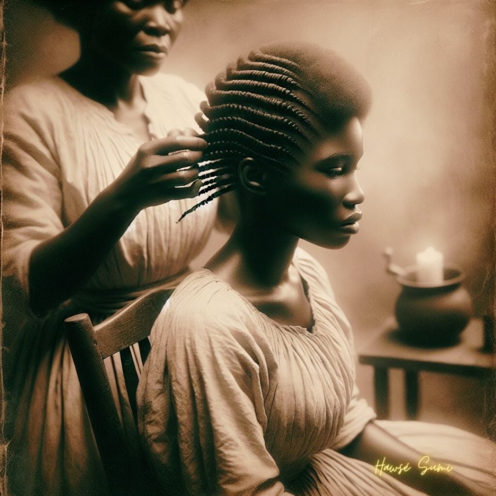 An older woman braids the hair of a younger woman into intricate cornrows in a serene, sepia-toned setting. The younger woman's profile is highlighted against a soft-focus background, her expression contemplative and dignified. The braider's skilled hands work meticulously, crafting not only a hairstyle but a symbol of heritage and silent rebellion. The atmosphere is calm and solemn, with a single candle burning in the background, casting a gentle light that contributes to the sense of a hallowed tradition being passed down through generations.