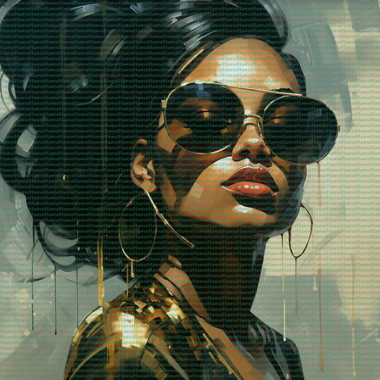 Artistic portrayal of The Rebel, a woman with a fiery spirit, wearing empowering large sunglasses as armor, with a determined expression and bold hoop earrings, set against an abstract background, representing 'Clarity in Chaos' in an empowering art collection.