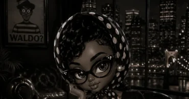 Stylized noir illustration of a woman with oversized glasses and a polka-dot headscarf seated thoughtfully in a dark lounge overlooking a nighttime city skyline. A framed "Waldo?" poster hangs in the background, reinforcing the satirical theme of searching for absent political figures.