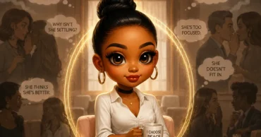 Editorial illustration of a confident woman seated calmly with a cup of coffee inside a glowing circle of light while blurred conversations and whispered judgments surround her, symbolizing self-command, inner peace, and refusing to let outside opinions define her.