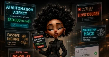 Editorial illustration of a skeptical woman surrounded by flashy online ads promoting AI automation agencies, faceless YouTube channels, passive income, algorithm hacks, and expensive online courses, satirizing AI guru culture, business hype, and misleading get-rich-quick promises.