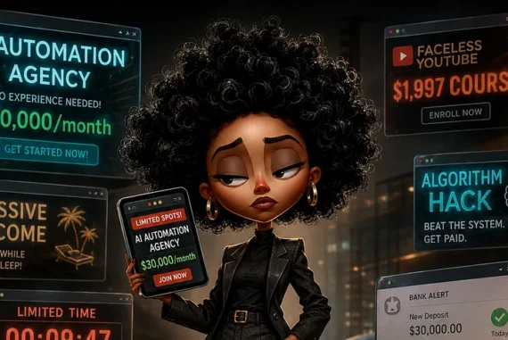 Editorial illustration of a skeptical woman surrounded by flashy online ads promoting AI automation agencies, faceless YouTube channels, passive income, algorithm hacks, and expensive online courses, satirizing AI guru culture, business hype, and misleading get-rich-quick promises.