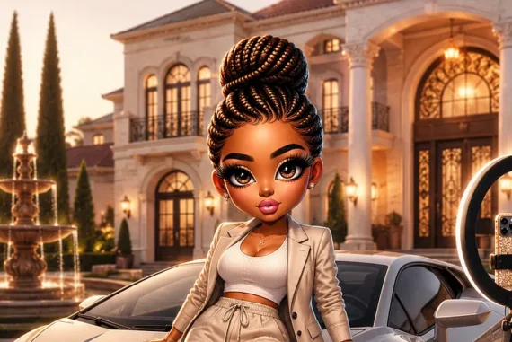 Cartoon-style illustration of an influencer posing with a luxury car, mansion, and ring light to symbolize the illusion of wealth on social media.