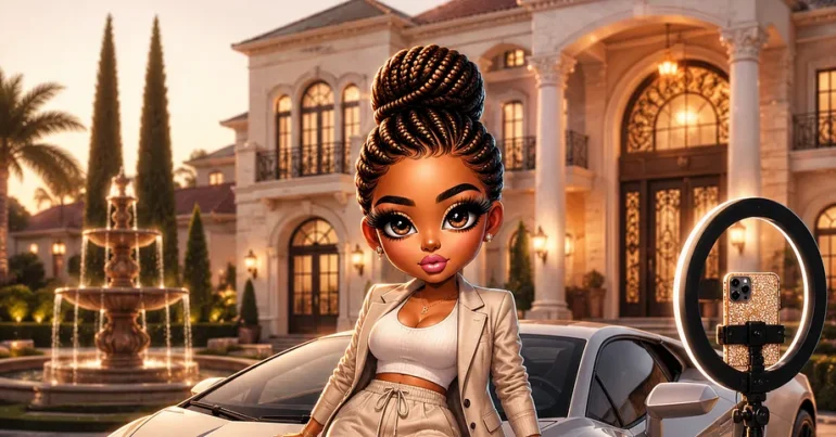 Cartoon-style illustration of an influencer posing with a luxury car, mansion, and ring light to symbolize the illusion of wealth on social media.