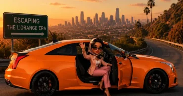 Stylized illustration of a woman waving from an orange sports car beside an "Escaping the L’Orange Era" road sign, symbolizing leaving political chaos behind and choosing a different path.
