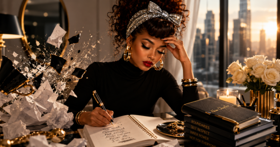 Stylized illustration of a woman journaling at an elegant desk as papers shatter beside her, symbolizing resilience, personal growth, and building a life that remains strong under pressure.