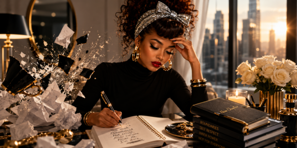 Stylized illustration of a woman journaling at an elegant desk as papers shatter beside her, symbolizing resilience, personal growth, and building a life that remains strong under pressure.
